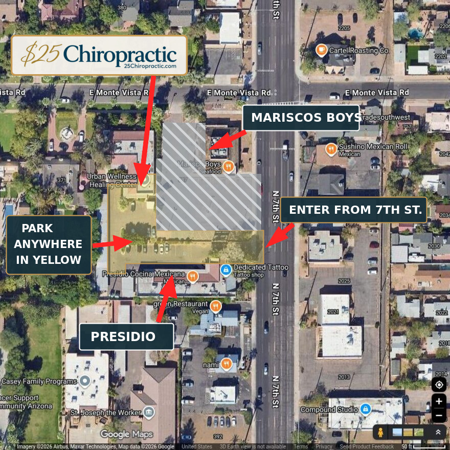 $25 Chiropractic directions and parking map showing the clinic, nearby landmarks, entrance from 7th Street, unavailable Mariscos Boys parking, and available patient parking in yellow